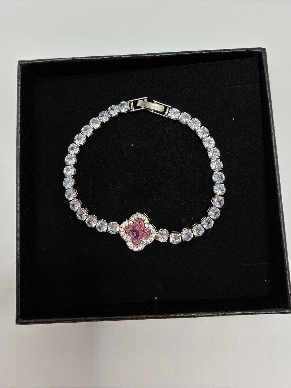 Sterling Silver Plated Pink Clover Center-stone Tennis Bracelet - Women Jewelry
